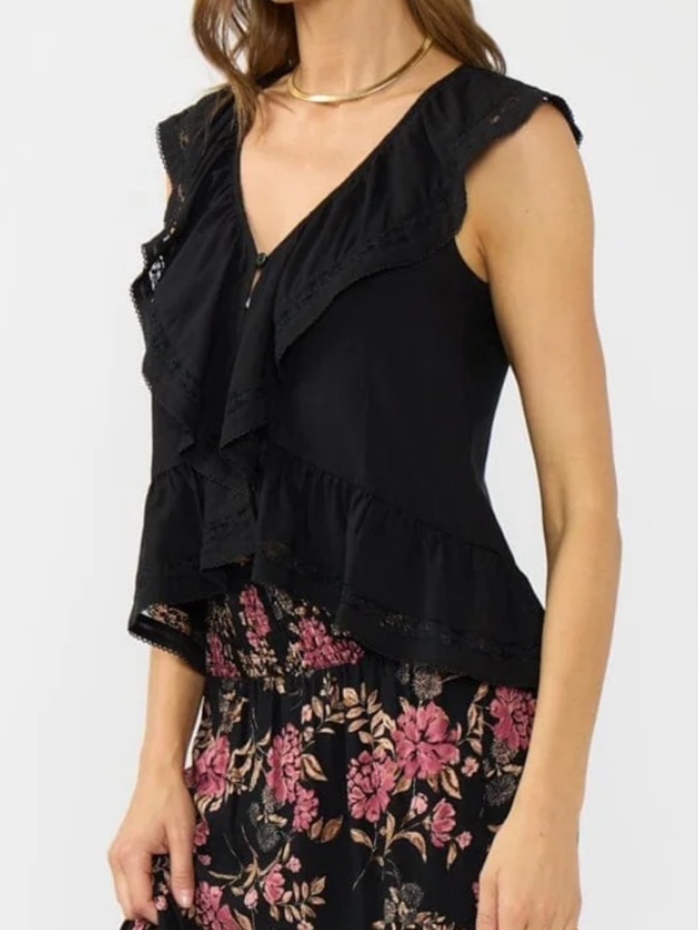 Lovestitch Black Ruffle Top with Lace Accents - Picture 3 of 3
